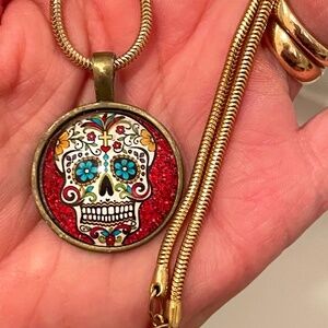 Sugar Skull Pendant on Gold tone Chain